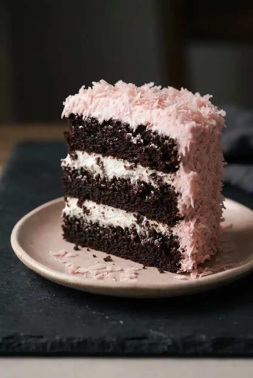 Close-up slice of chocolate layer cake showing moist dark crumb, glossy white meringue peaks, and pink coconut