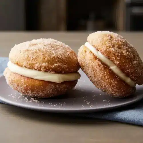 Soft apple cider whoopie pies coated in sparkling cinnamon sugar and filled with thick cream cheese frosting.