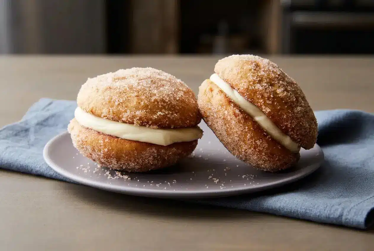 Soft apple cider whoopie pies coated in sparkling cinnamon sugar and filled with thick cream cheese frosting.