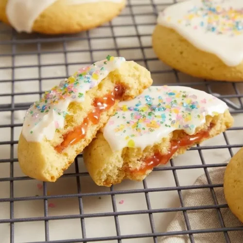 Soft strawberry pop tart cookies topped with smooth white milk icing and crunchy rainbow sanding sugar