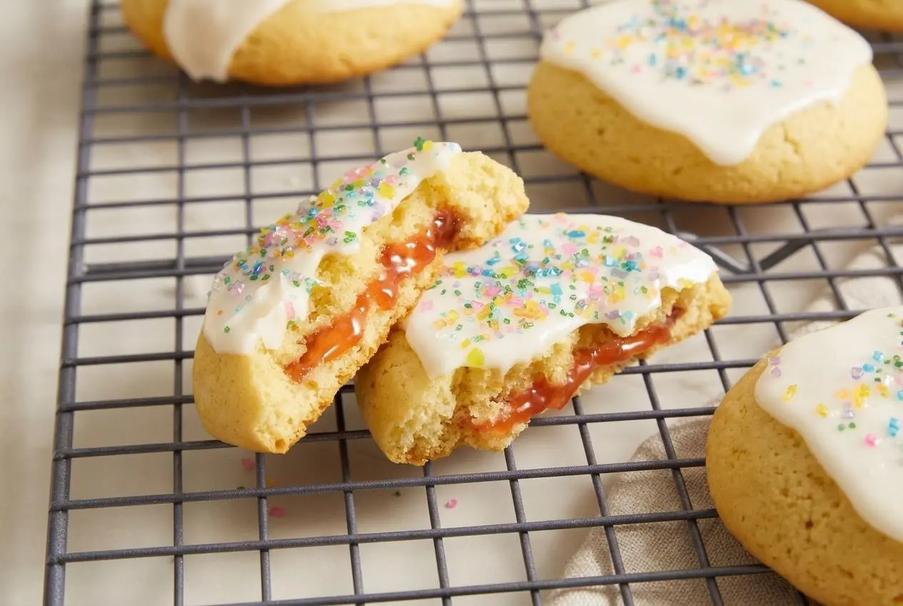 Soft strawberry pop tart cookies topped with smooth white milk icing and crunchy rainbow sanding sugar