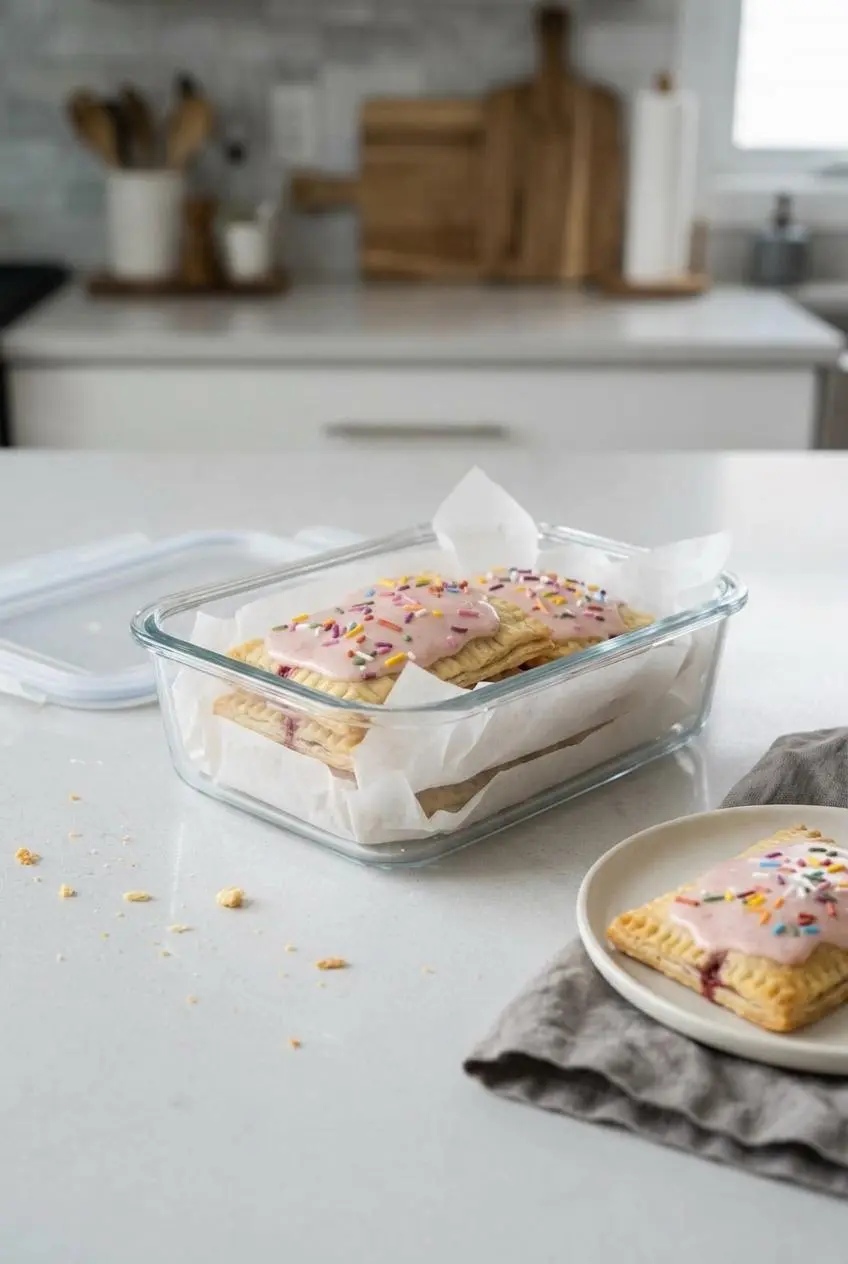 Cooled strawberry glazed sourdough pop tarts arranged in a glass storage container with parchment paper.