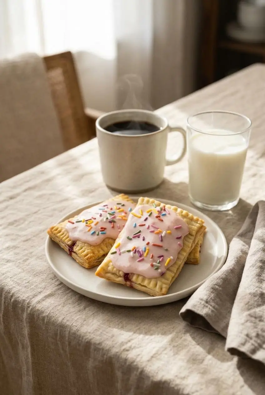 Strawberry glazed sourdough pop tarts served on a linen breakfast table with a mug of black coffee and cold milk.