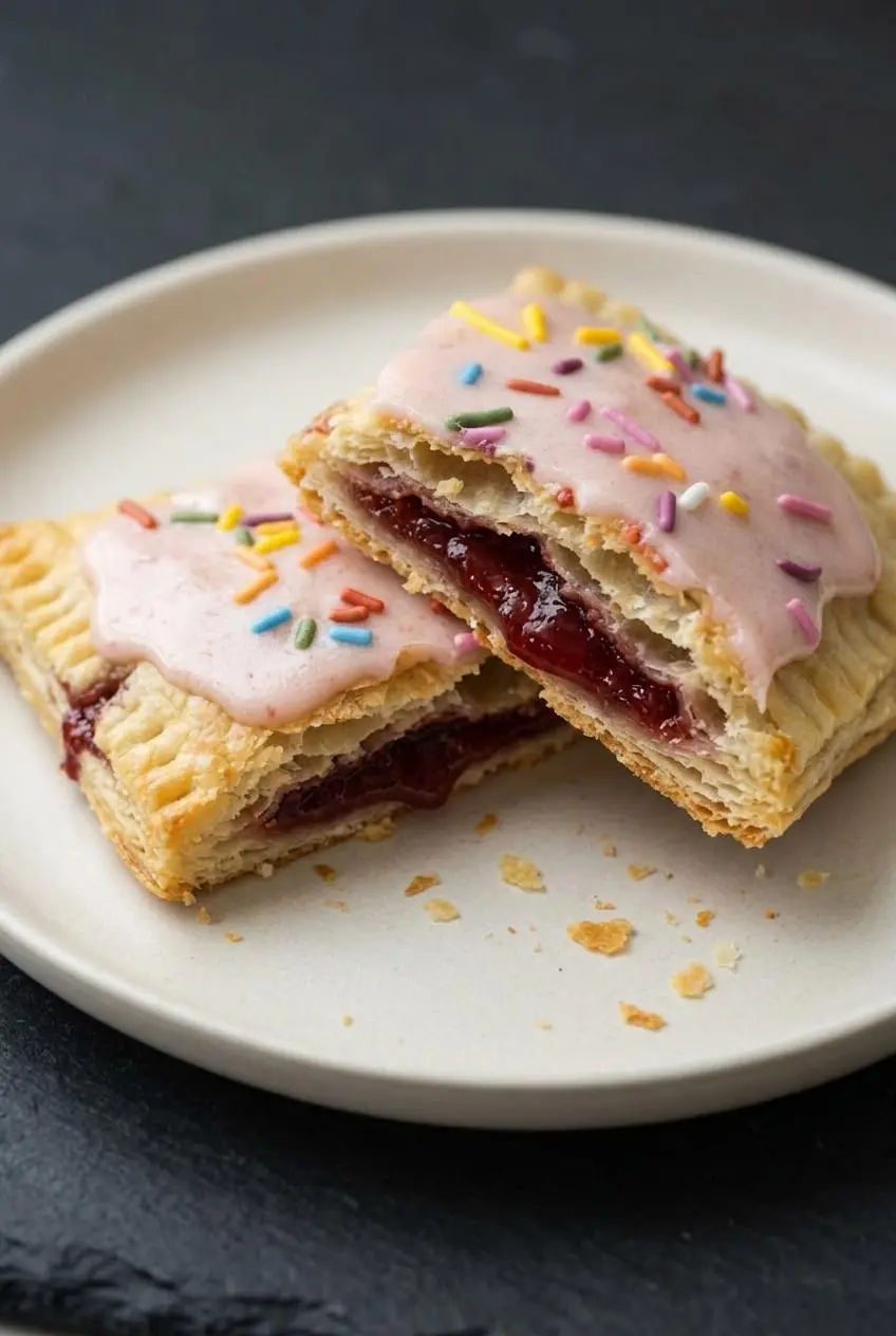 Close-up of a sourdough pop tart broken in half showing flaky pastry layers, red strawberry jam, and pink glaze.