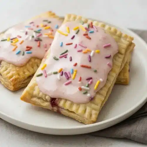 Homemade sourdough pop tarts with flaky golden crust, fork-crimped edges, and pink strawberry glaze.