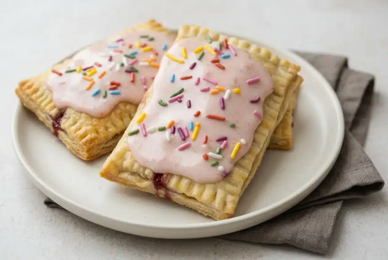 Homemade sourdough pop tarts with flaky golden crust, fork-crimped edges, and pink strawberry glaze.