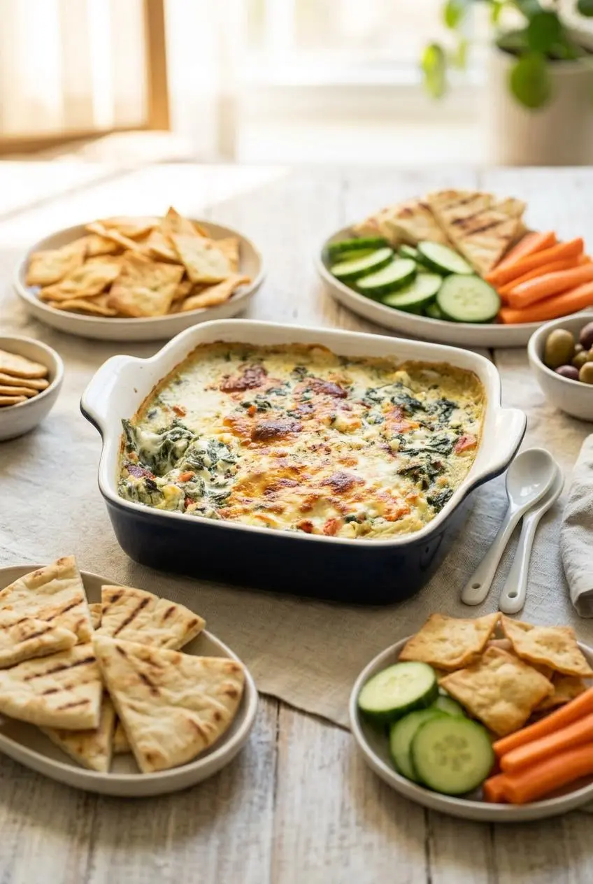 Warm spanakopita dip served with toasted pita triangles, pita chips, and sliced cucumbers