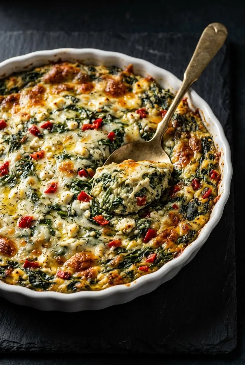 Spoon lifting a scoop of thick spanakopita dip showing melted cheese and tender spinach