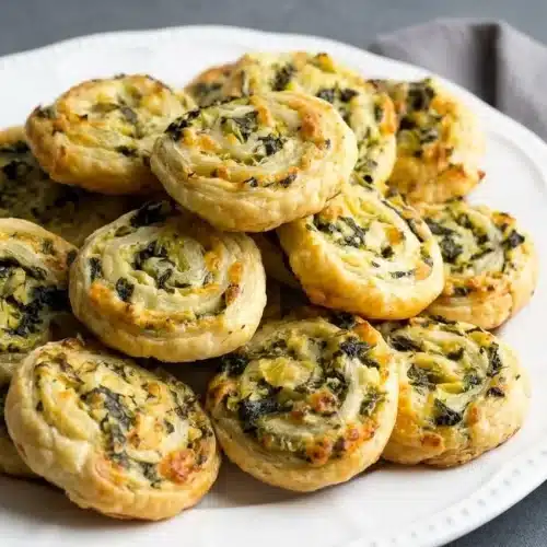 Baked spinach artichoke puff pastry pinwheels with golden flaky layers and creamy three-cheese filling.