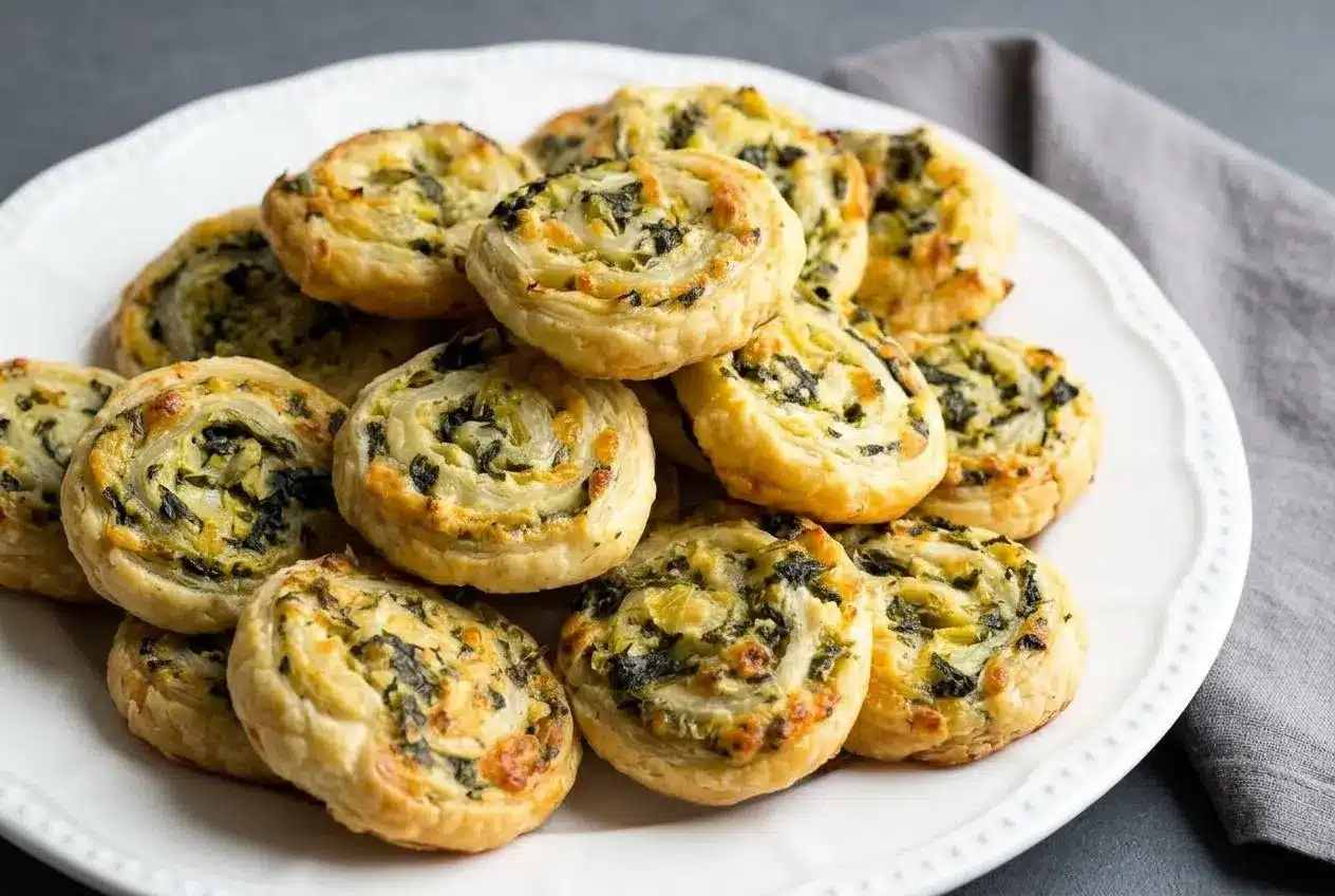 Baked spinach artichoke puff pastry pinwheels with golden flaky layers and creamy three-cheese filling.