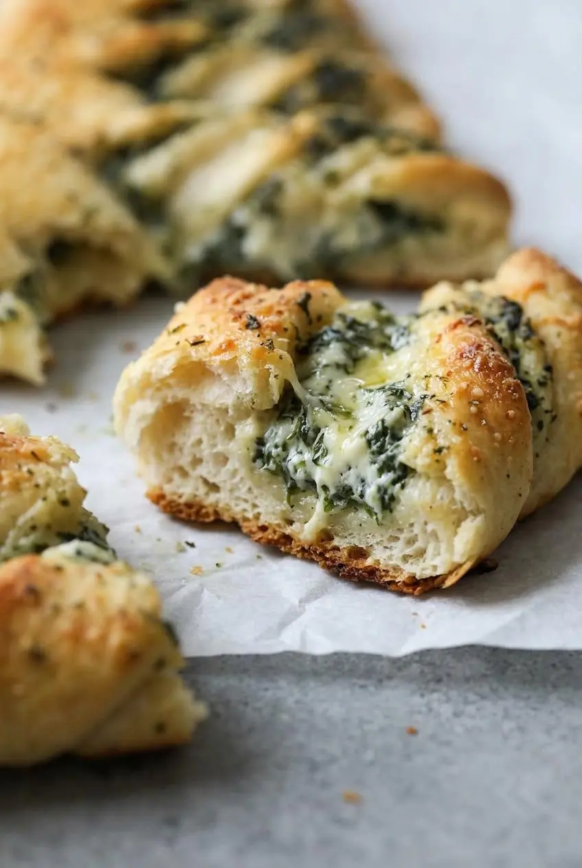 Close-up of a torn spinach dip breadstick branch showing a crisp golden bottom crust and thick creamy cheese filling.