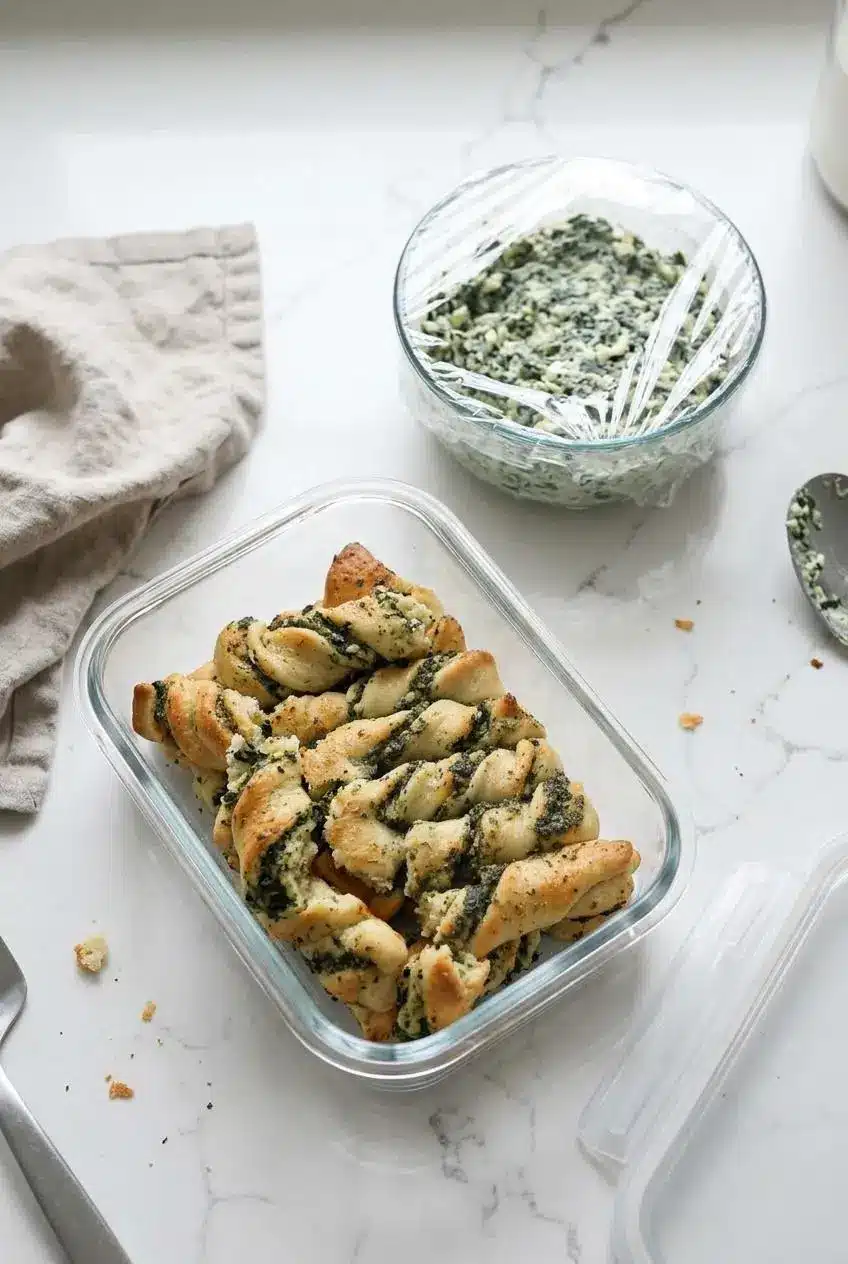 Baked spinach breadstick branches in an airtight glass container next to a covered bowl of unbaked spinach cheese dip.