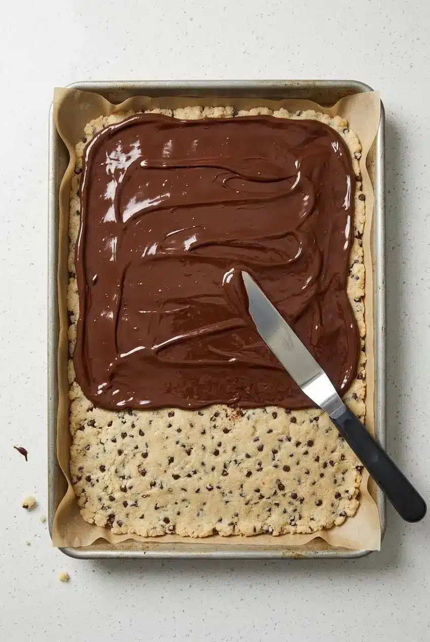 Overhead view of an offset spatula spreading glossy melted chocolate over pressed almond flour dough on a pan.