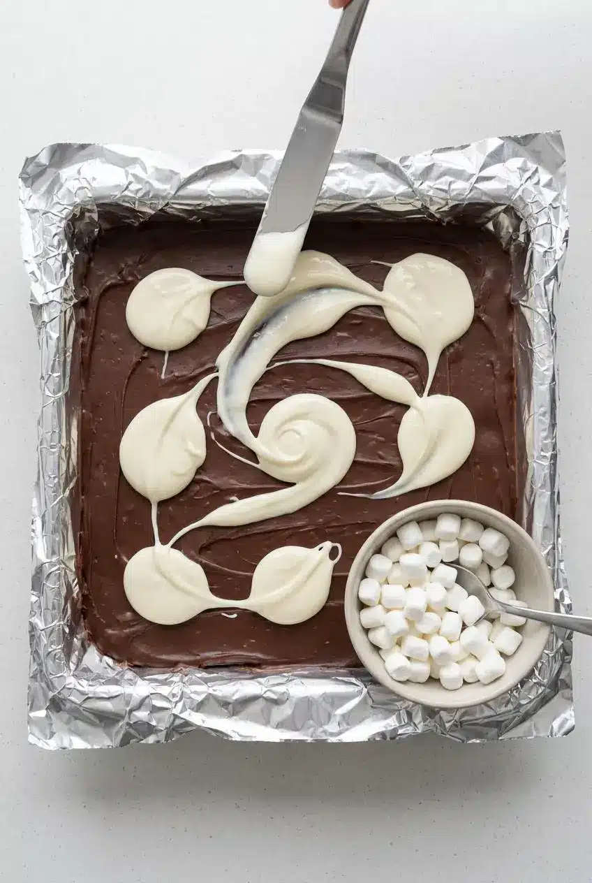 Overhead view of an offset spatula spreading spoonfuls of melted white chocolate over dark fudge in a foil-lined pan