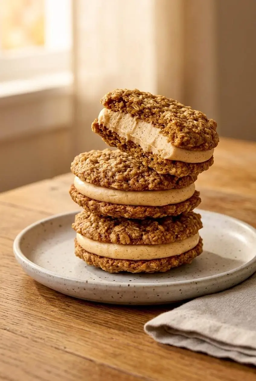 Stack of three pumpkin oatmeal cream pies on a speckled ceramic plate over a rustic wooden table.