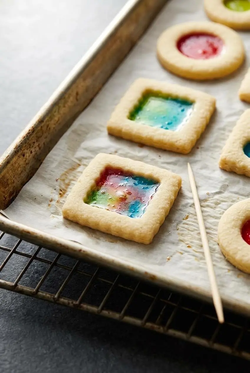 Close-up of freshly baked cutout cookies cooling on parchment paper with glossy candy centers and a wooden skewer.