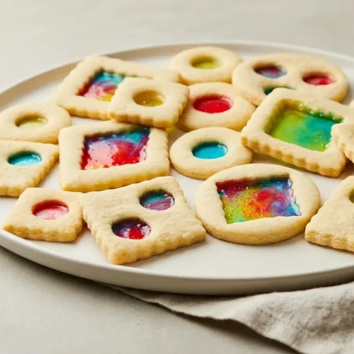 Stained glass cookies with tender buttery vanilla frames and glossy, jewel-toned melted hard candy windows.