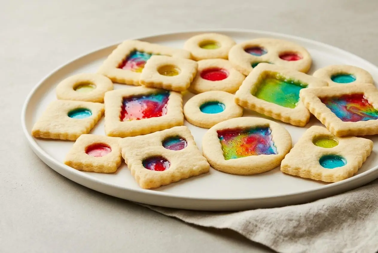 Stained glass cookies with tender buttery vanilla frames and glossy, jewel-toned melted hard candy windows.
