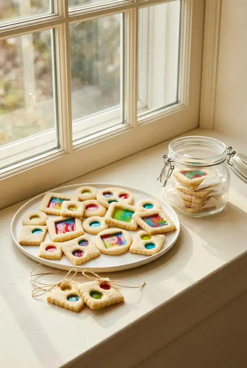 Stained glass cookies with twine ribbons on a sunlit windowsill alongside cookies stacked in an airtight container.