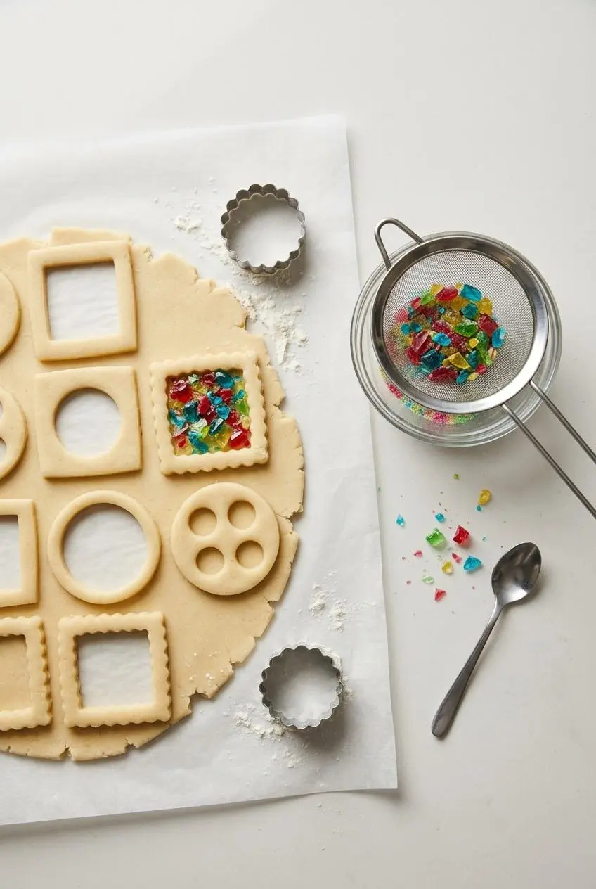 Overhead view of unbaked cookie dough frames on parchment paper next to crushed hard candy in a fine-mesh strainer.