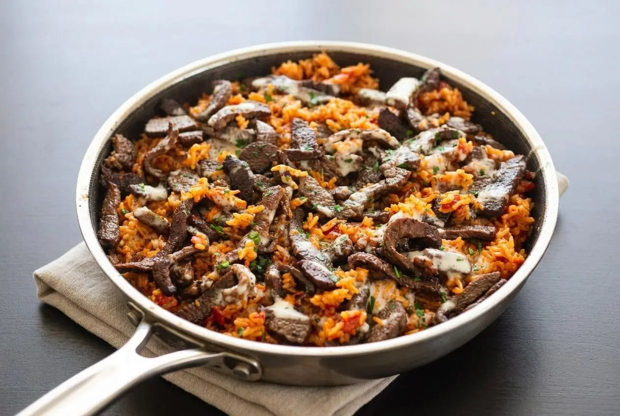 Skillet of steak and queso rice with browned sirloin strips, fluffy tomato basmati rice, velvety white queso, and cilantro
