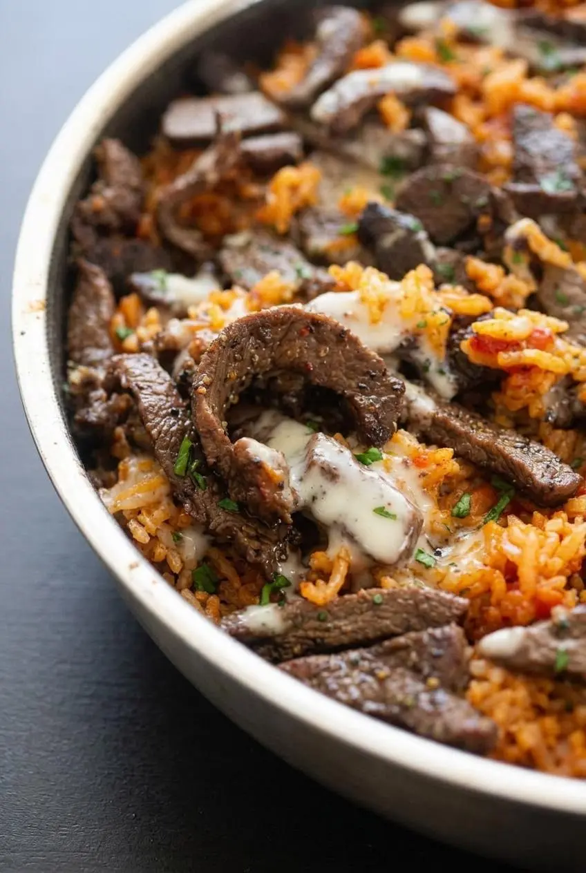 Close-up of butter-seared sirloin strips with coarse seasoning over fluffy tomato basmati rice with smooth white queso