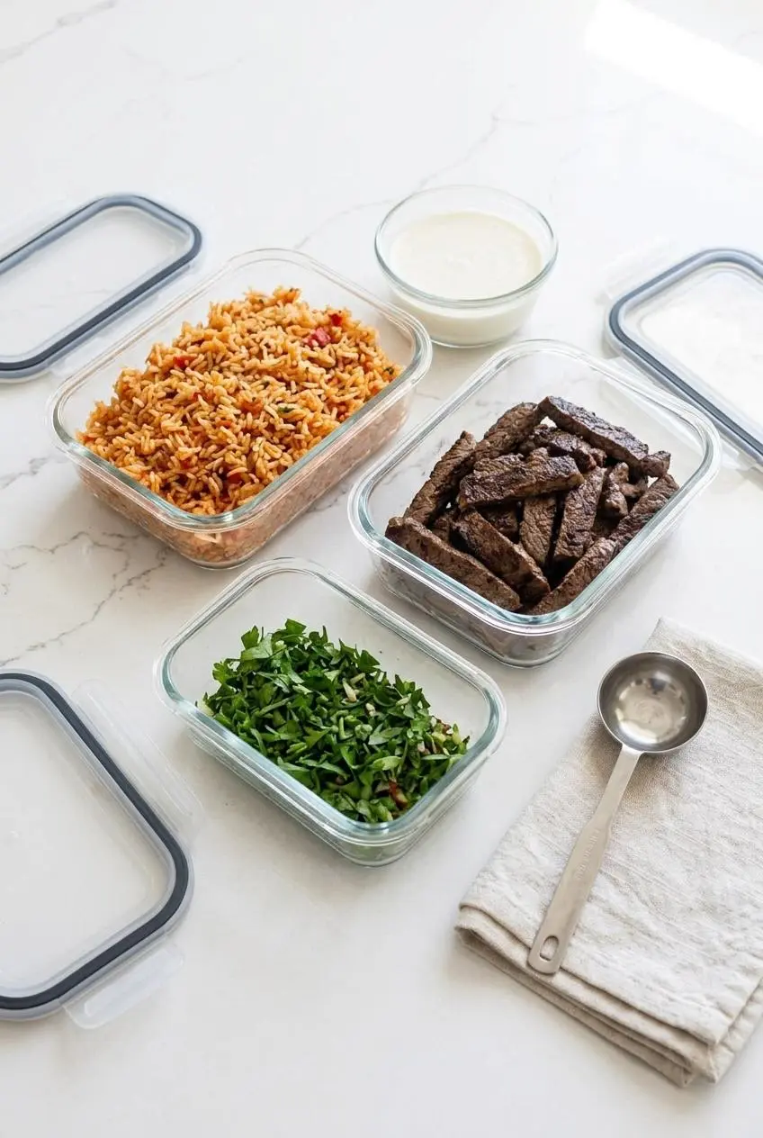 Three glass containers holding cooled tomato rice, sliced sirloin steak, and white queso separately on a kitchen counter