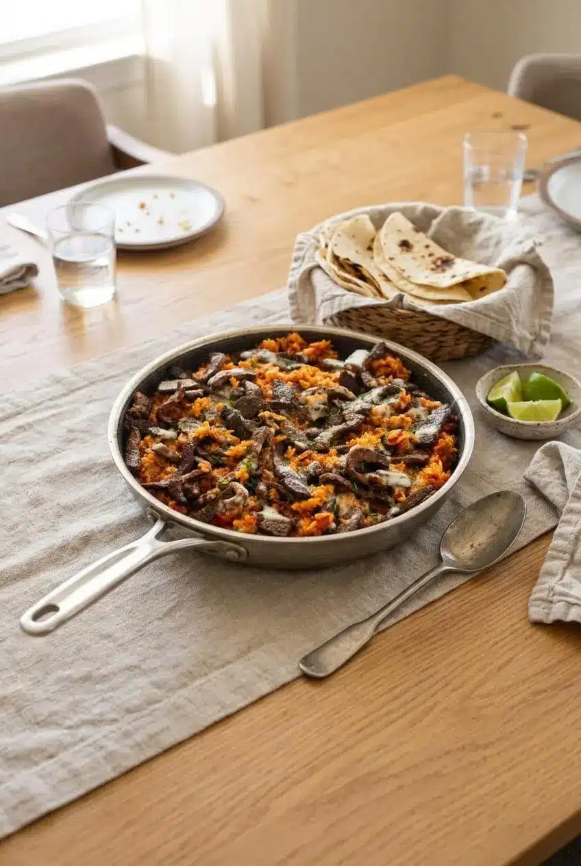 Steak and queso rice served on a wooden table with a basket of warm flour tortillas and fresh lime wedges