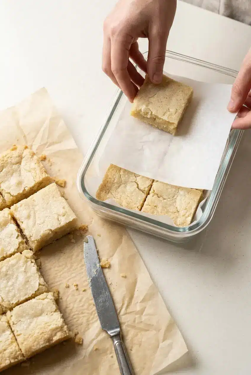 Cooled almond bar squares layered with white parchment paper inside a clear glass airtight container
