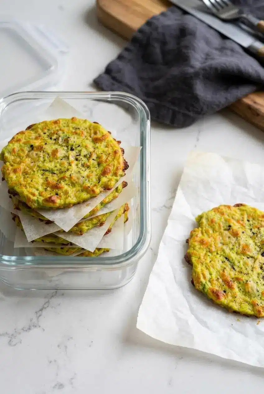 Cooled avocado bread rounds stacked in a clear glass container with parchment paper squares between each layer.