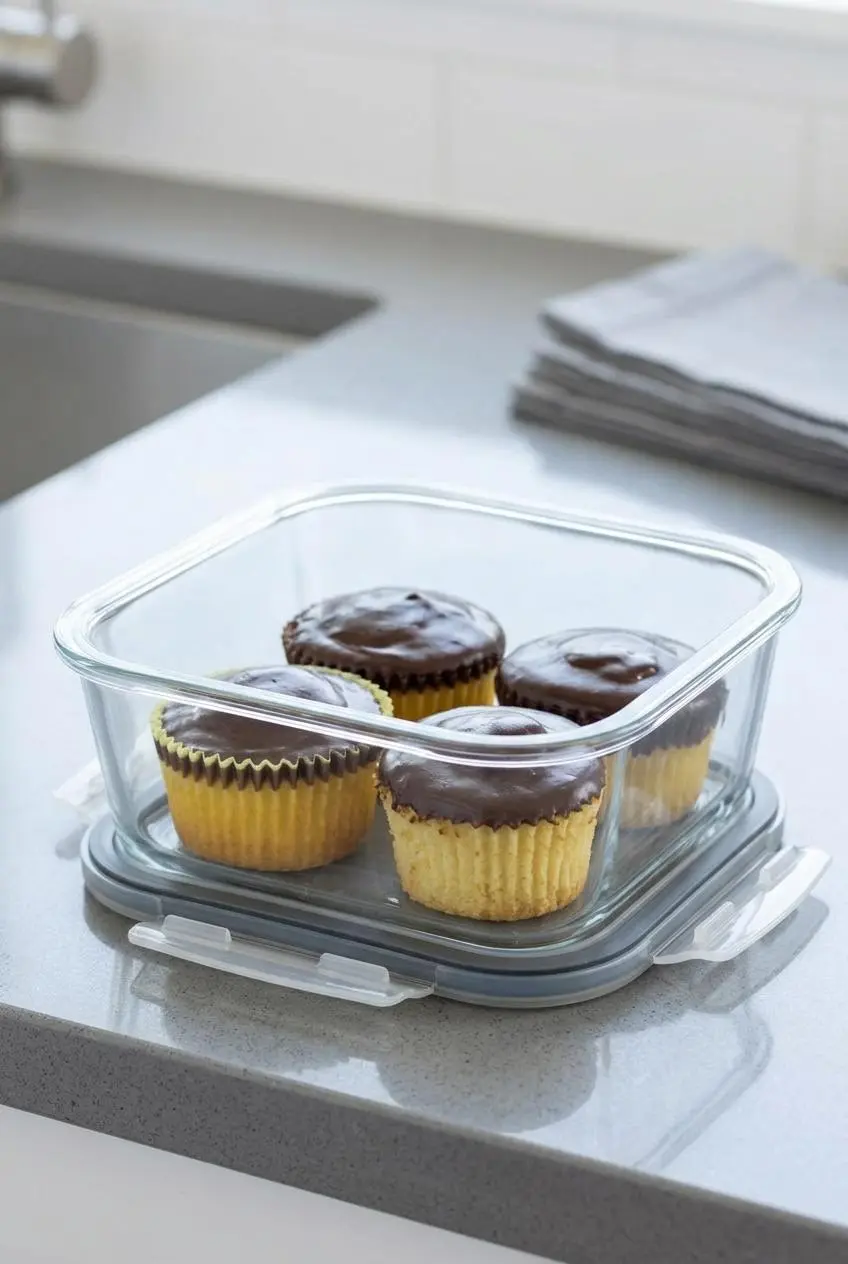 Four cupcakes stored upright inside a deep clear glass container with high headroom.