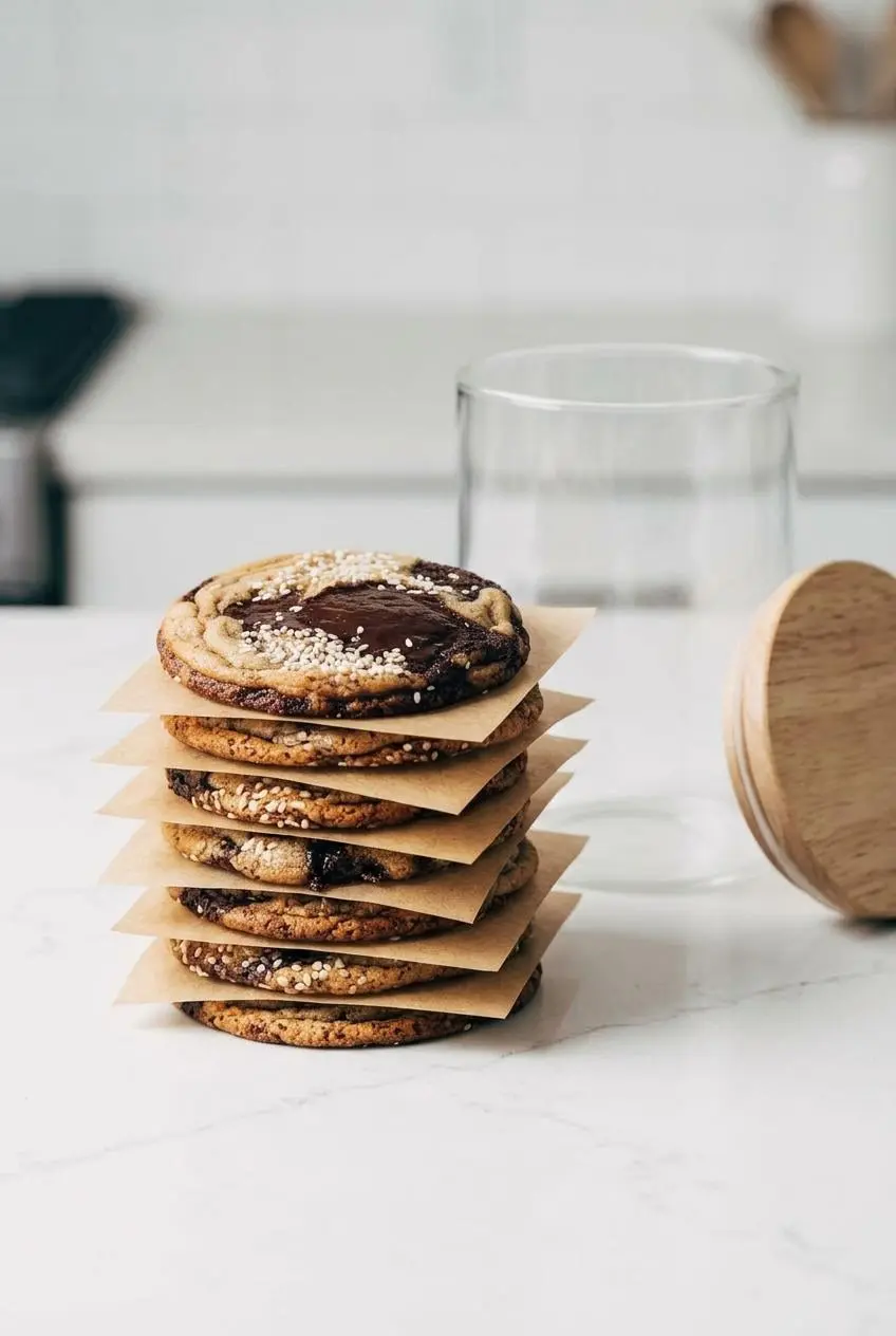 Cooled chocolate chip cookies stacked with parchment paper squares next to an airtight glass storage jar.