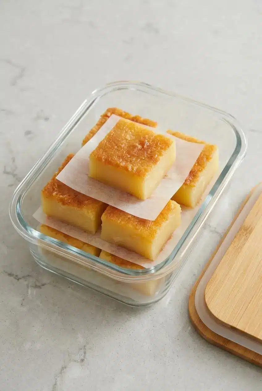 Butter mochi squares layered between parchment sheets inside a glass airtight storage container.