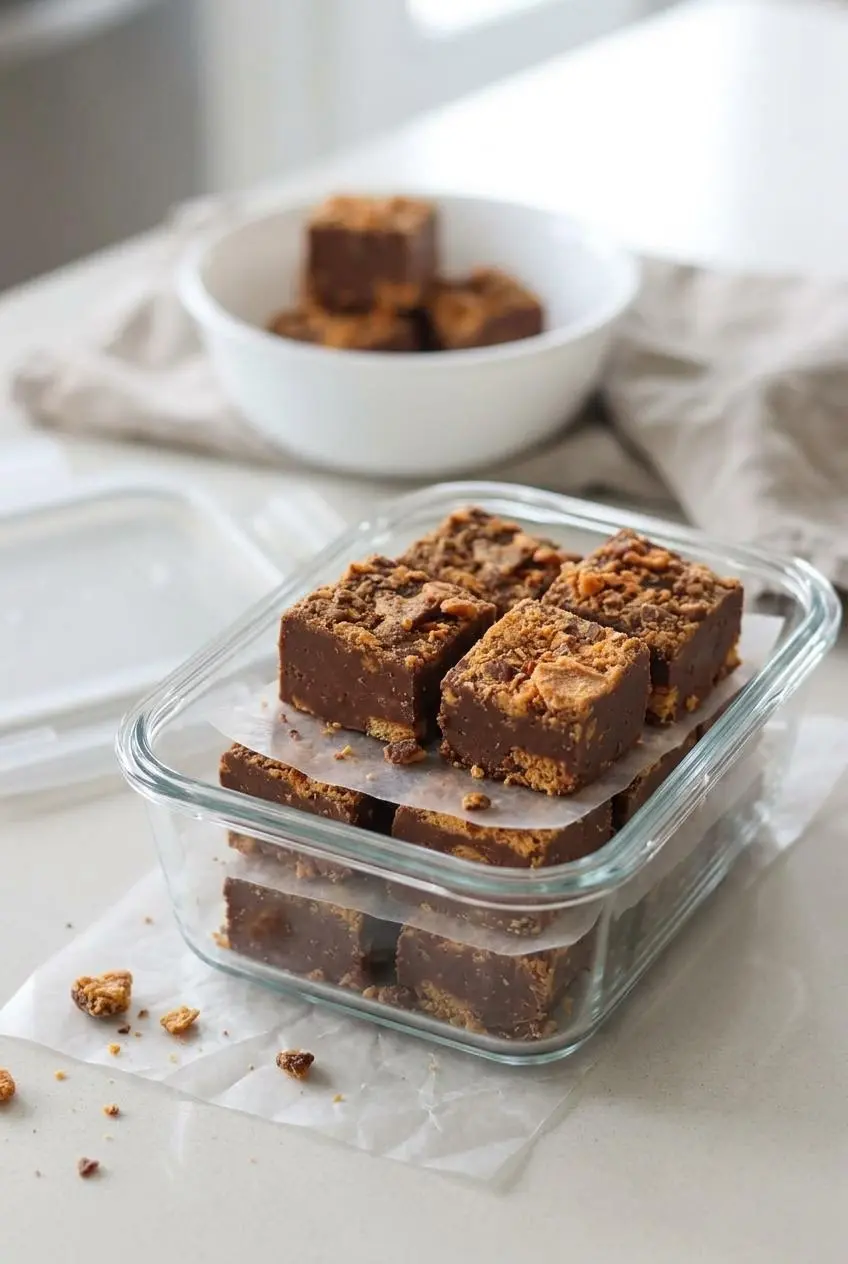 Firm fudge squares stacked in a clear glass airtight container with wax paper sheets between the layers