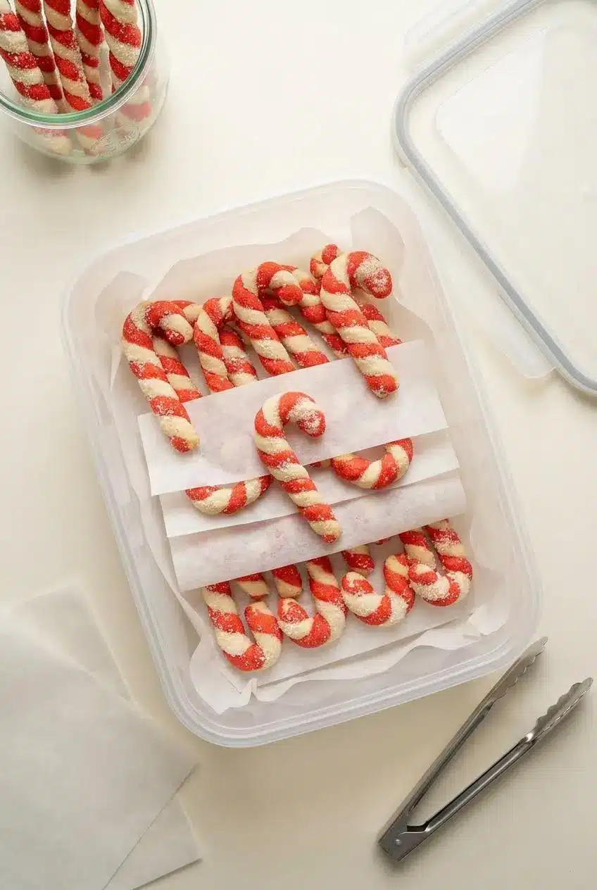Overhead view of cooled red and white twisted cookies layered flat with parchment paper in an airtight container.