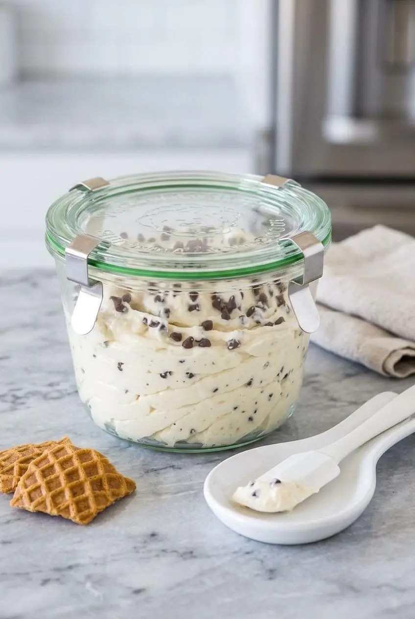 Chilled cannoli dip in an airtight glass storage container ready for refrigeration.