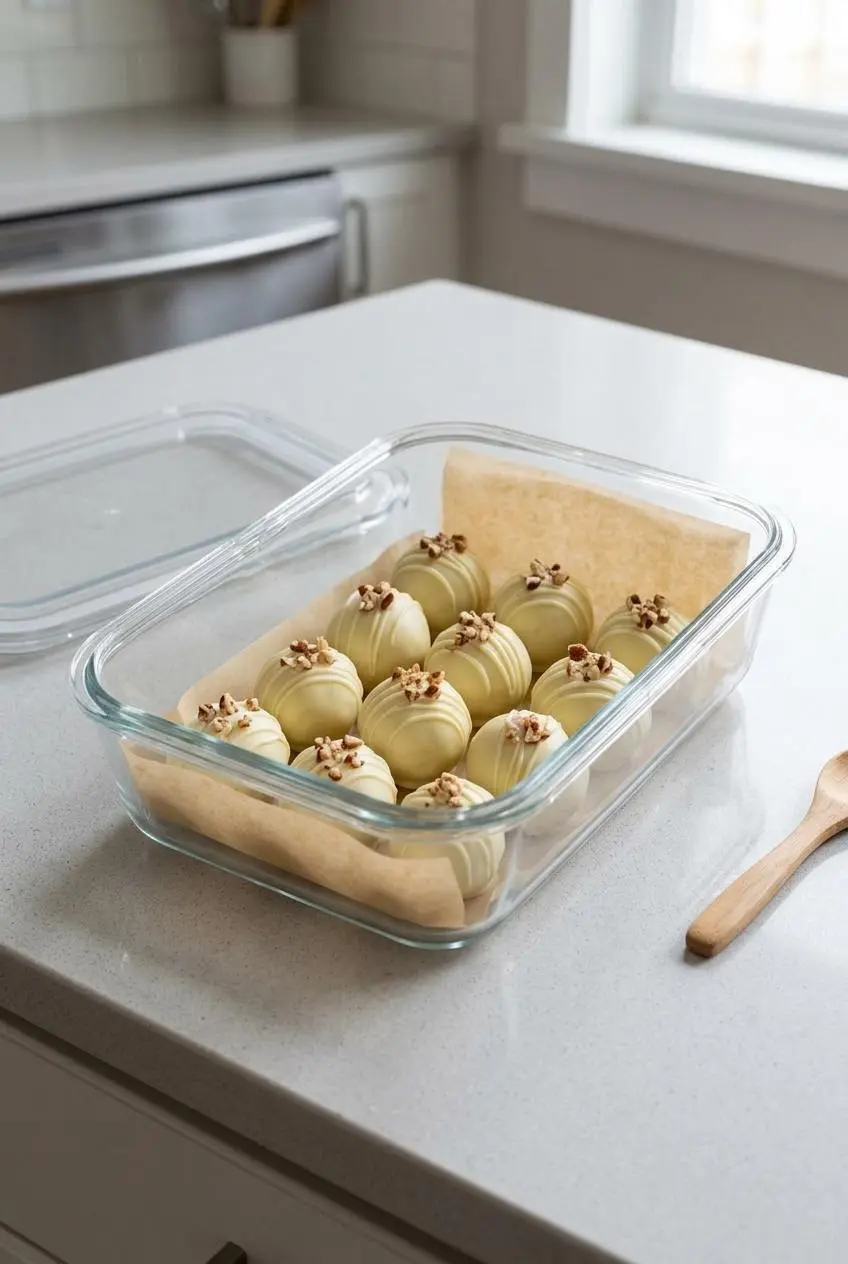 Carrot cake truffles arranged in a parchment-lined glass storage container