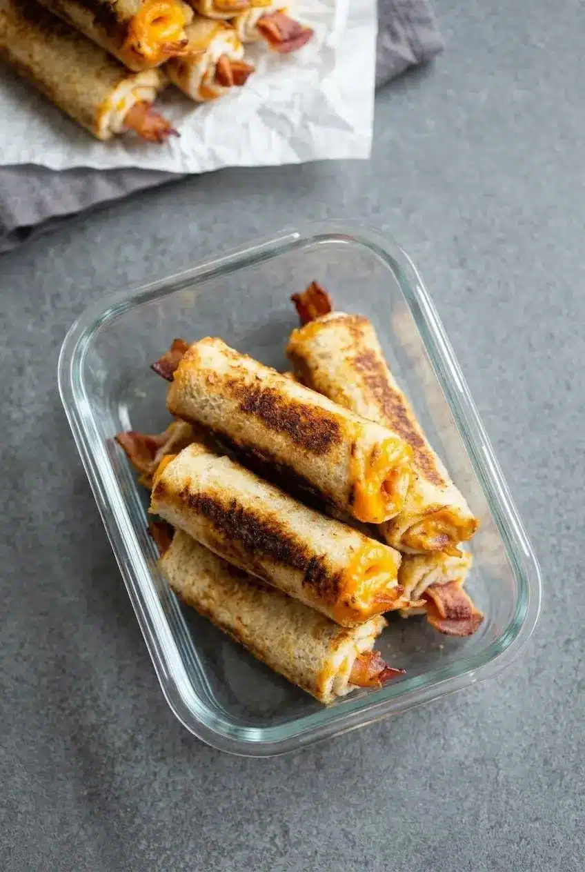 Overhead view of cooked cheddar and bacon bread rolls arranged in a single layer inside a glass storage container.