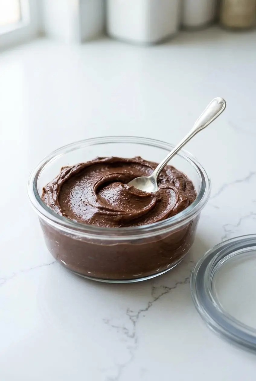 Chilled chocolate hummus in a glass storage container showing a thick brownie batter consistency.