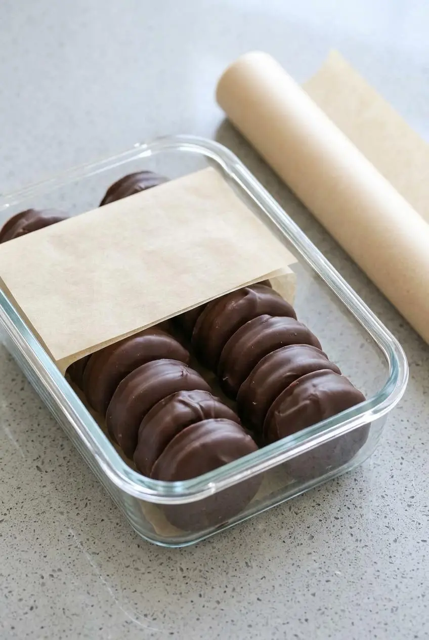 Chocolate dipped ritz cracker cookies neatly layered between parchment paper sheets in a glass container.