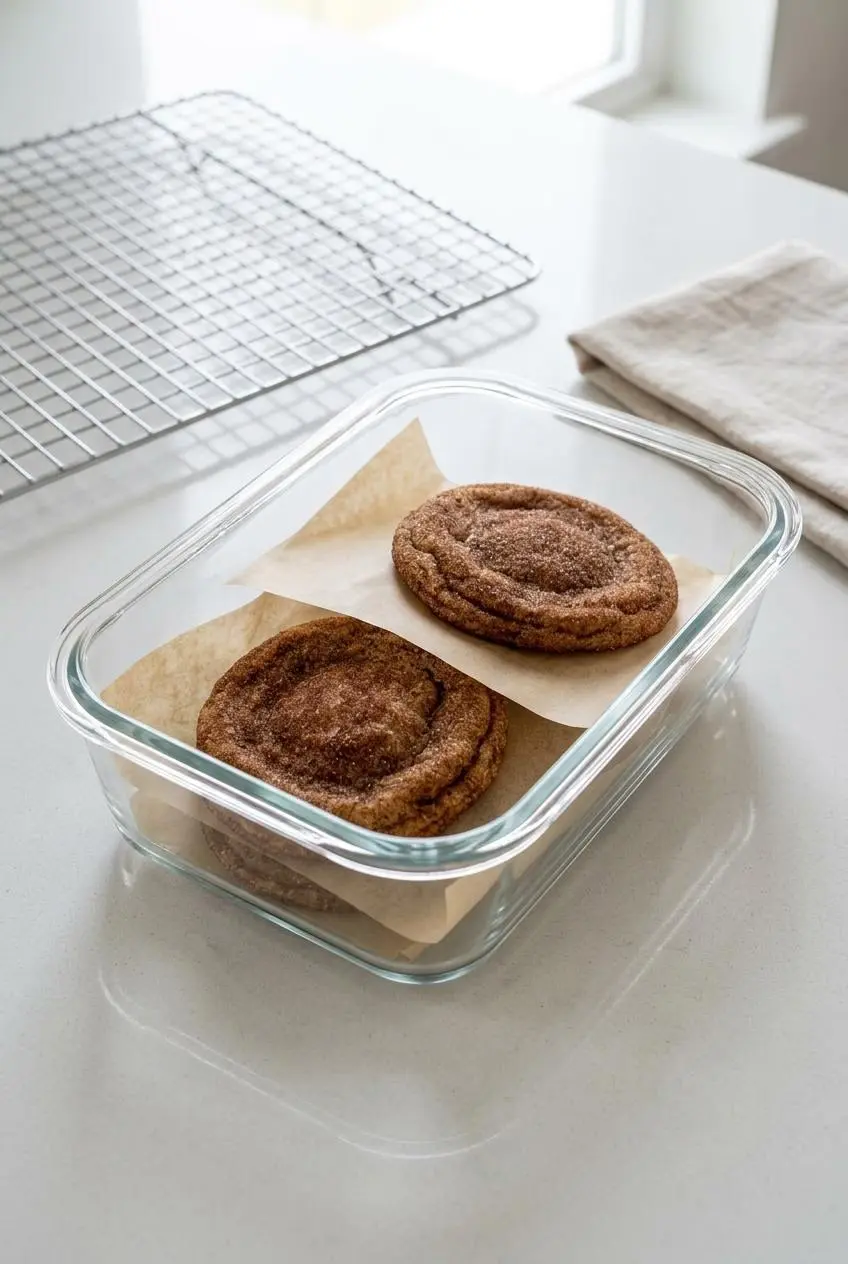 Glass container holding churro cheesecake cookies separated by parchment paper for storage.