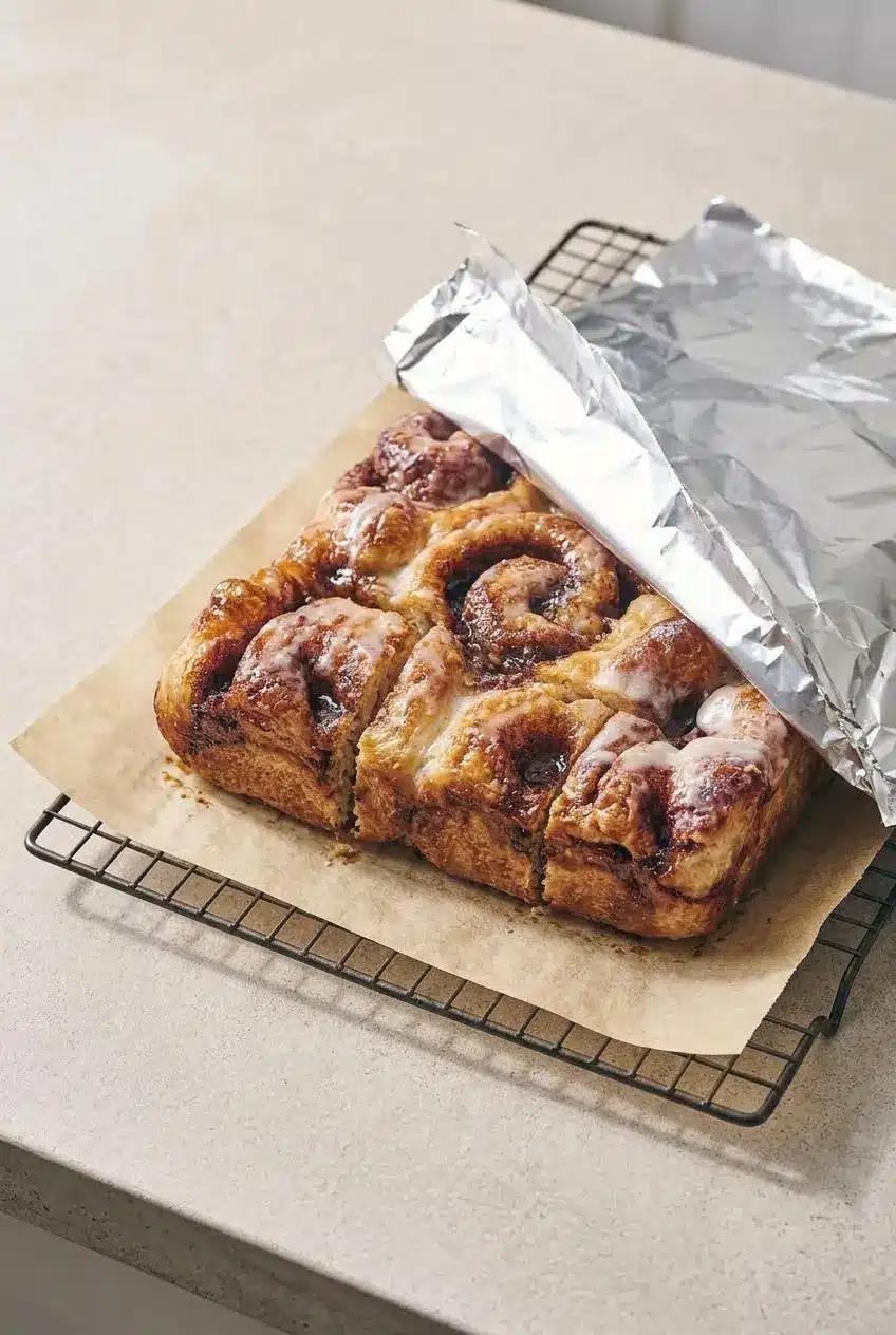 Cooled cinnamon focaccia slices on parchment paper beside loose foil for proper room temperature storage.
