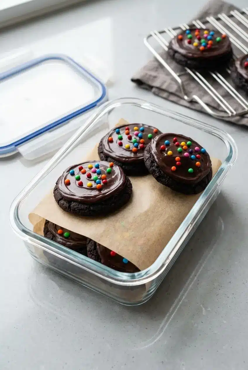 Frosted chocolate cookies layered with unbleached parchment paper inside a clear rectangular glass storage container.