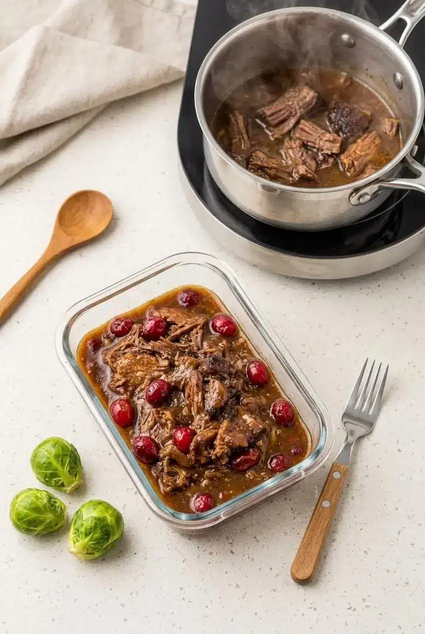 Shredded cranberry beef roast stored in glass container with cooking juices.