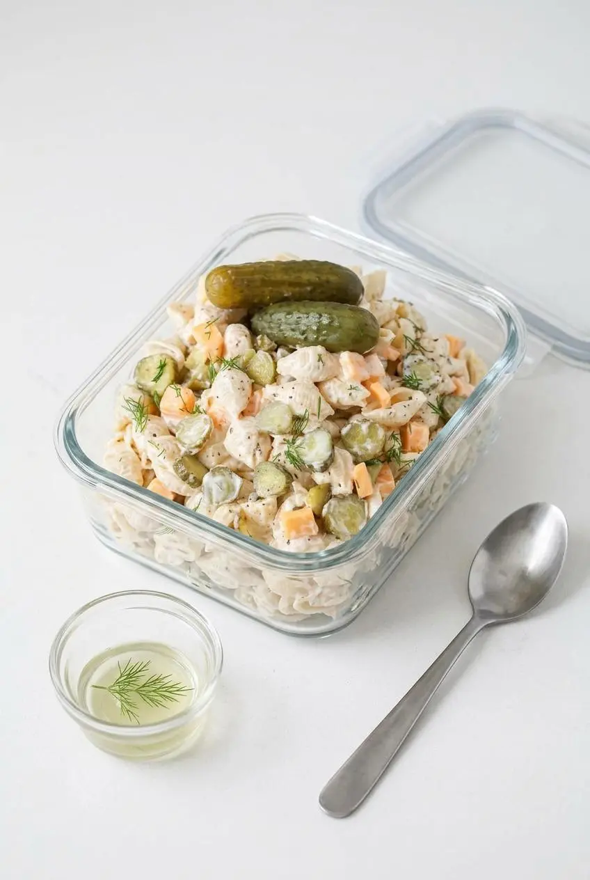 Glass storage container packed with dill pickle pasta salad on a counter beside a small cup of brine.