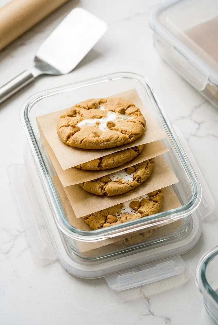 Cooled fluffernutter cookies layered with parchment paper squares in a glass food storage container.