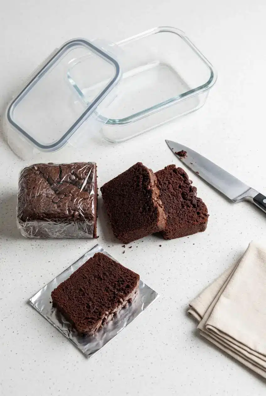 Slices of hot fudge brownie bread wrapped in plastic wrap and foil next to a glass storage container.