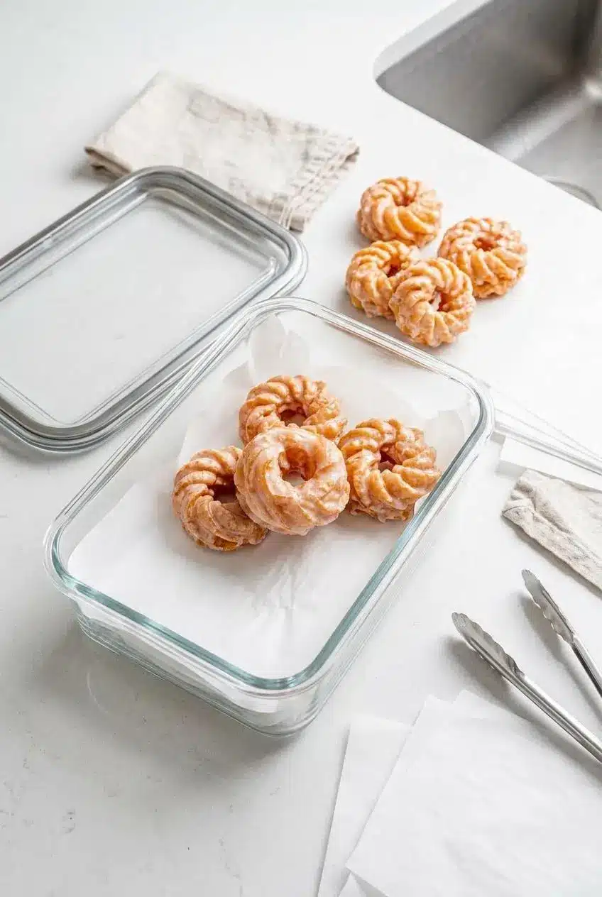 Cooled glazed crullers layered with parchment paper in a clear glass storage container.
