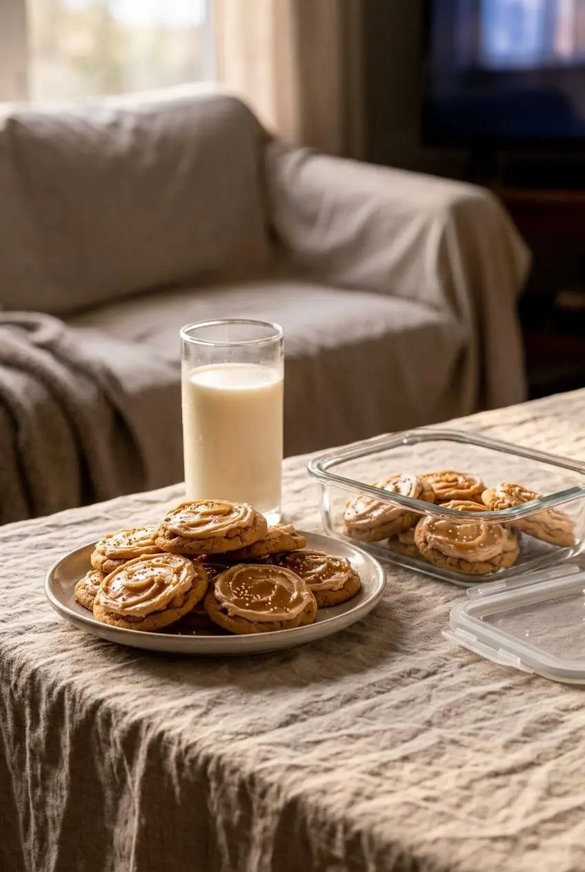Frosted butterbeer cookies arranged in a single layer inside a rigid glass container alongside a tall glass of cold milk