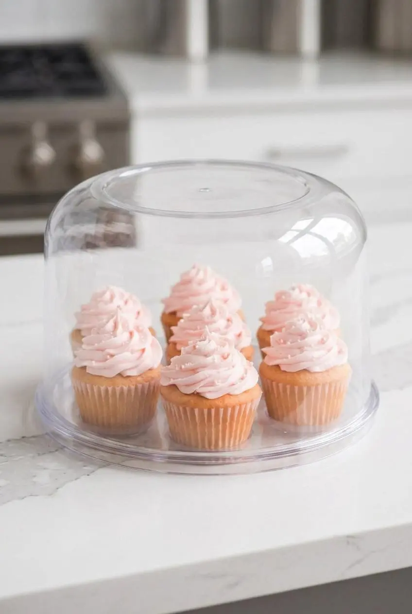 Decorated pink champagne cupcakes resting safely inside a tall clear bakery storage container.